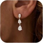 Ewrkbr Dangle Earrings for Women, Formal Wedding Bridal Earrings 14K Gold Plated Long Cubic Zirconia Drop Earrings for Women Trendy Dainty Gold Earrings Bridesmaid Teardrop Earrings Prom Jewelry