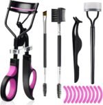 Eyelash Curlers Eyebrow Brush Kit for Women w Lash Curler, Eyelash Comb Seperator, Mascara Brushes, Eyelash Extension Tweezers, Angled Eyebrow Brush and Comb, 10 Silicone Refills Pads for Lash & Brow