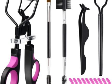 Eyelash Curlers Eyebrow Brush Kit for Women w Lash Curler, Eyelash Comb Seperator, Mascara Brushes, Eyelash Extension Tweezers, Angled Eyebrow Brush and Comb, 10 Silicone Refills Pads for Lash & Brow