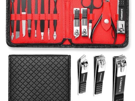 FAMILIFE Nail Kit, Professional Manicure Set Manicure Kit Nail Clipper Set, 13 in 1 Stainless Steel Pedicure Sets Clipper Tool, Men Grooming Tool with Portable Black Leather Travel Case for Him