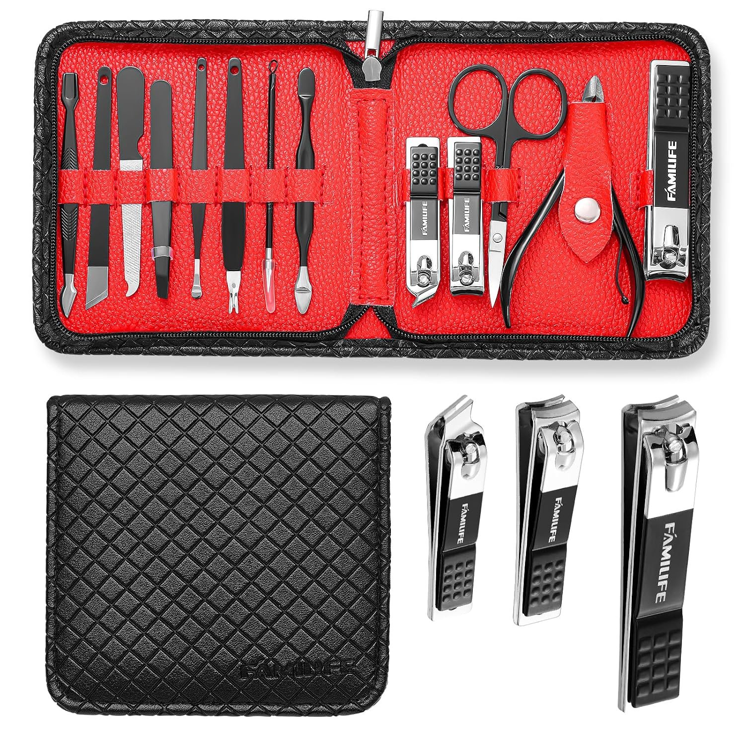 FAMILIFE Nail Kit, Professional Manicure Set Manicure Kit Nail Clipper Set, 13 in 1 Stainless Steel Pedicure Sets Clipper Tool, Men Grooming Tool with Portable Black Leather Travel Case for Him FAMILIFE Nail Kit, Professional Manicure Set Manicure Kit Nail Clipper Set, 13 in 1 Stainless Steel Pedicure Sets Clipper Tool, Men Grooming Tool with Portable Black Leather Travel Case for Him