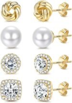 FIBO STEEL 4 Pairs Hypoallergenic Stud Earrings for Women 14K Gold Plated