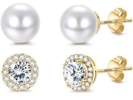 FIBO STEEL 4 Pairs Hypoallergenic Stud Earrings for Women 14K Gold Plated