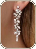 Florideco Silver Plated Wedding Clip On Earrings for Women Dangle Leaf CZ
