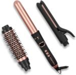 FoxyBae 3-in-1 Interchangeable Hair Tools - Curling Wand w/ 3 Attachments - Hot Round Brush, Straightening Iron & Hair Curler for Shiny Curls - Hair Dryer Brush & Hair Styling Set [Black-Rose Gold]