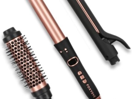 FoxyBae 3-in-1 Interchangeable Hair Tools – Curling Wand w/ 3 Attachments – Hot Round Brush, Straightening Iron & Hair Curler for Shiny Curls – Hair Dryer Brush & Hair Styling Set [Black-Rose Gold]
