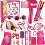 G.C Girls Hair Salon Toys Kids Pretend Play Hair Styling Kit with Realistic Blow Dryer Straightener Stylist Apron Scissors Accessories Beauty Makeup Set Birthday Gifts for Toddler Girls 3 4 5 6+