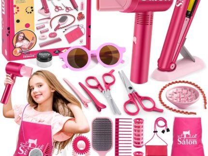 G.C Girls Hair Salon Toys Kids Pretend Play Hair Styling Kit with Realistic Blow Dryer Straightener Stylist Apron Scissors Accessories Beauty Makeup Set Birthday Gifts for Toddler Girls 3 4 5 6+