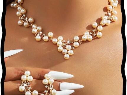 Gangel Pearl Necklace and Earring Set Faux Pearl Necklaces Choker Bridal Jewelry Sets for Wedding Gold