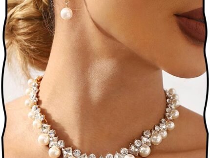 Gangel Rhinestone Necklace Earring Set Faux Pearl Necklace and Dangle Earrings Wedding Bridal Jewelry Crystal Necklaces for Women