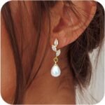Gold Dangle Earrings for Women, 14k Pearl Drop Earrings Leaf Flower Pearl Gold Earrings for Women Trendy Cute Prom Bridal Earring Dangling Long Pearl Earring Wedding Jewelry