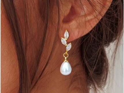 Gold Dangle Earrings for Women, 14k Pearl Drop Earrings Leaf Flower Pearl Gold Earrings for Women Trendy Cute Prom Bridal Earring Dangling Long Pearl Earring Wedding Jewelry