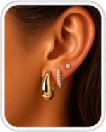 Gold Earring Stack for Women, 3 Pairs 14K Gold Plated Small Huggie Hoop & CZ Stud Earrings Set, Hypoallergenic Dainty Earrings for Multiple Piercings, Second Hole Cartilage Earrings