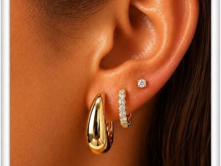 Gold Earring Stack for Women, 3 Pairs 14K Gold Plated Small Huggie Hoop & CZ Stud Earrings Set, Hypoallergenic Dainty Earrings for Multiple Piercings, Second Hole Cartilage Earrings