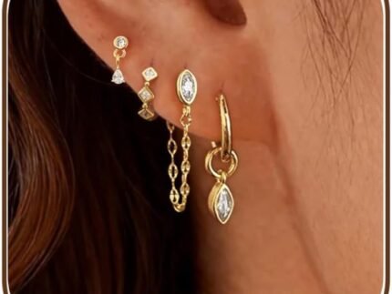 Gold Earrings for Women, Dainty Earring Stacks 14K Gold Plated Chain Earrings Cute Hypoallergenic Huggie Earrings for Women Trendy Unique Drop Hoop Earrings Stack Fashion Gold Jewelry Set