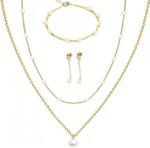 Gold Jewelry Set for Women, 14K Gold Plated Pearl Jewelry Set, Choker Necklace Earrings Bracelet Dainty Bridal Jewelry for Women