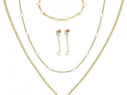 Gold Jewelry Set for Women, 14K Gold Plated Pearl Jewelry Set, Choker Necklace Earrings Bracelet Dainty Bridal Jewelry for Women