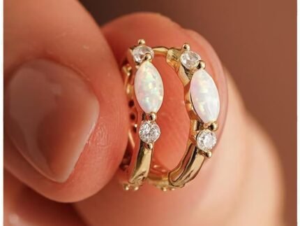 Gold Opal Huggie Earrings for Women, Minimalist Small Hoop Earrings with Zircons