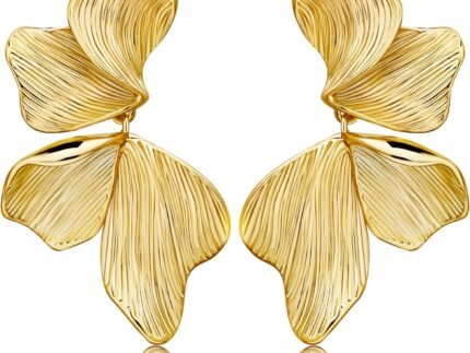 Gold Statement Earrings For Women 18K Gold Plated Sectored Flower Leaf Shell Angel Wing Earring Large Stud Earrings Hypoallergenic Stud