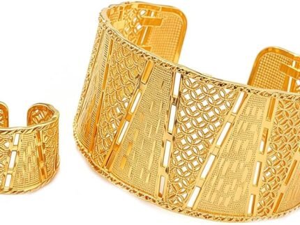 Gold-Tone Open Wide Cuff Bangle Bracelet Ring Jewelry Set for Women，Style 1
