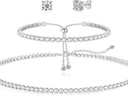 HAXIYA Tennis Necklace Bracelet for Women, Sterling Sliver Jewelry Set, Silver/Gold Chocker Necklace, Crystal Bracelet for Women, Wedding Jewelry for Bride, Sparkly Party Prom Hypoallergenic