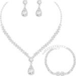 HONGLU Elegant Crystal Necklace Earrings Bracelets Set Silver Bridal Wedding Jewelry Sets Bride Bridesmaids Prom Formal Costume Accessories for Women