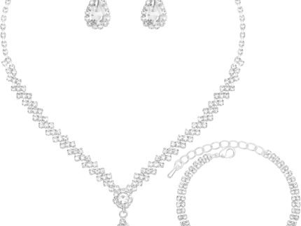 HONGLU Elegant Crystal Necklace Earrings Bracelets Set Silver Bridal Wedding Jewelry Sets Bride Bridesmaids Prom Formal Costume Accessories for Women