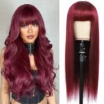 Hair Burgundy Straight Human Hair Machine Made Wigs with Bangs Mongolian Remy Hair Glueless None Lace Front Human Hair Wigs Red for Women 99J Color 150% Density (26 inch)