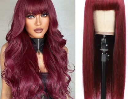Hair Burgundy Straight Human Hair Machine Made Wigs with Bangs Mongolian Remy Hair Glueless None Lace Front Human Hair Wigs Red for Women 99J Color 150% Density (26 inch)