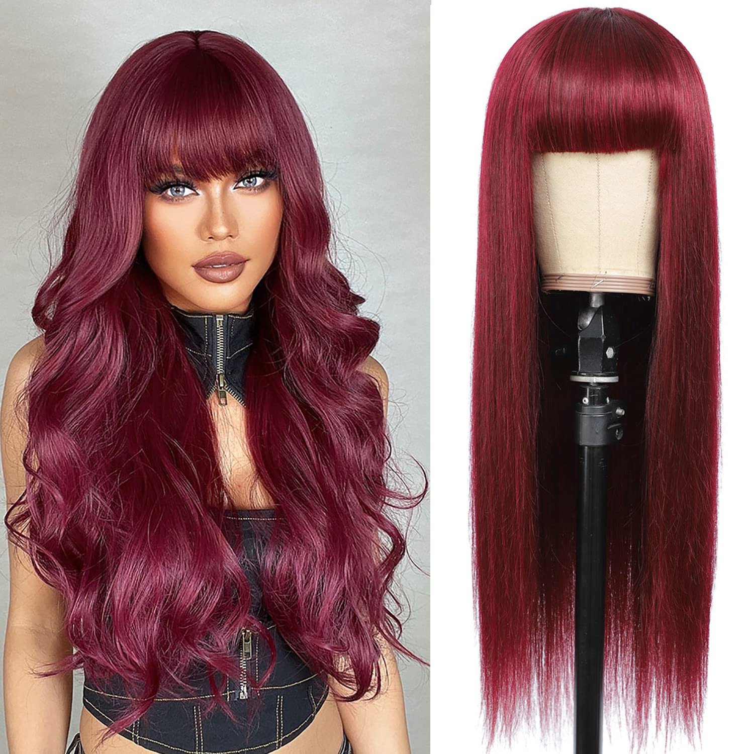 Hair Burgundy Straight Human Hair Machine Made Wigs with Bangs Mongolian Remy Hair Glueless None Lace Front Human Hair Wigs Red for Women 99J Color 150% Density (26 inch) Hair Burgundy Straight Human Hair Machine Made Wigs with Bangs Mongolian Remy Hair Glueless None Lace Front Human Hair Wigs Red for Women 99J Color 150% Density (26 inch)