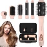 Hair Dryer Brush 6 in 1 Hot Air Styler, 110,000 RPM High-Speed Negative Ionic Blow Dryer, Auto-Wrap Curlers, Paddle Brush for Fast Drying, Curling, Straightening, Volumizing with Storage Case Pink