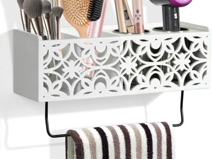 Hair Dryer Holder Wall Mounted with Stainless Steel Cups and Towel Bar