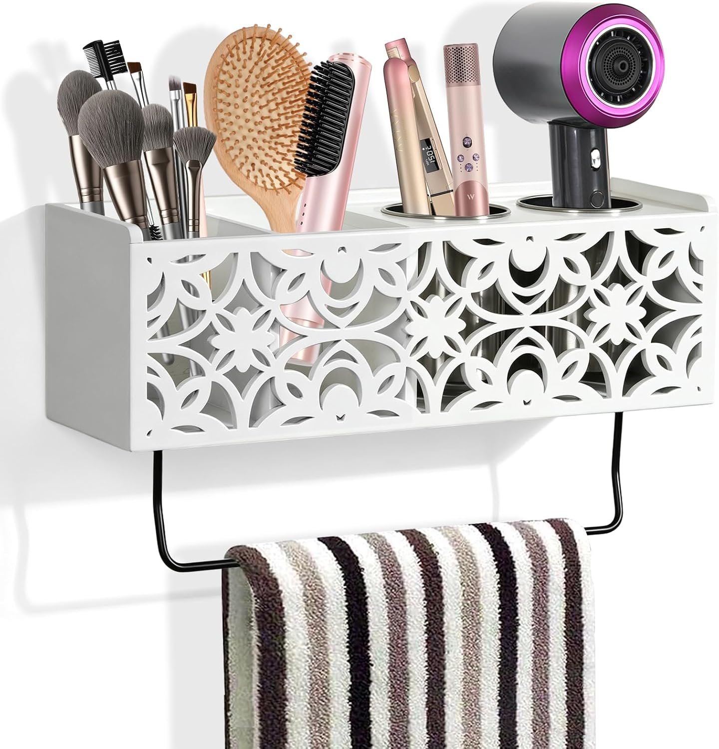 Hair Dryer Holder Wall Mounted with Stainless Steel Cups and Towel Bar Hair Dryer Holder Wall Mounted with Stainless Steel Cups and Towel Bar