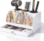 Hair Tool Organizer Countertop with Drawer, Bathroom Vanity Organizers and Storage, Acrylic Hot Tools Organizer Storage for Hair Dryer, Curling Iron, Brush, Hair Straightener (White)