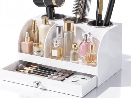 Hair Tool Organizer Countertop with Drawer, Bathroom Vanity Organizers and Storage, Acrylic Hot Tools Organizer Storage for Hair Dryer, Curling Iron, Brush, Hair Straightener (White)