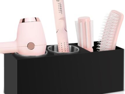 Hair Tool Organizer, Hair Dryer Holder with Heatproof Steel Cups, Acrylic Vanity Organizer for Curling Iron, Flat Iron & Hair Brushes, Perfect for Bathroom (Black, Standard)