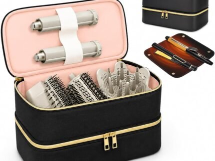 Hair Tools Travel Bag with Heat Resistant Mat for Shark Flex Style, Waterproof PU Leather Double Layer Hair Travel Case for Flat Irons, Straighteners, Curling Iron, Haircare Accessories Black