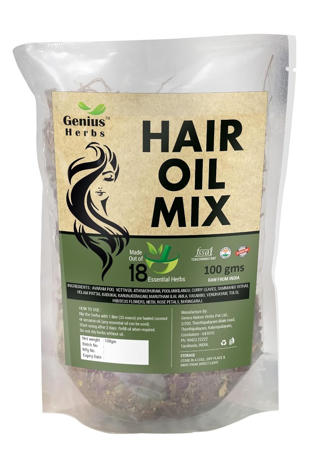 Herbal Hair Oil Mix with 18 Ayurvedic Herbs for Hair Growth | Instant Premix for DIY Hair Oil Infusion | Supports Long, Thick & Healthy Hair | Hair Care for Women & Men | 100 g Herbal Hair Oil Mix with 18 Ayurvedic Herbs for Hair Growth | Instant Premix for DIY Hair Oil Infusion | Supports Long, Thick & Healthy Hair | Hair Care for Women & Men | 100 g