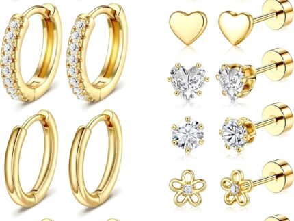 Hypoallergenic Gold Stud Earrings for Women – 14k Gold Plated Surgical Stainless Steel Flat back Earrings Set Small Huggie Hoop Flatback Earring for Sensitive Ears Screw Back Cartilage Piercing Jewelry
