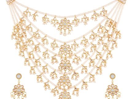I Jewels 5 Layered Multi Strand Floral Kundan & Pearl Beaded Necklace For Women (M4080)