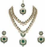 I Jewels Gold Plated Indian Bollywood Wedding Double Layer Floral Design & Stone Necklace Jewellery With Earrings & Maang Tikka Set for Women