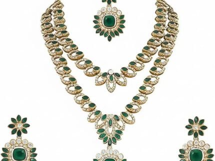 I Jewels Gold Plated Indian Bollywood Wedding Double Layer Floral Design & Stone Necklace Jewellery With Earrings & Maang Tikka Set for Women