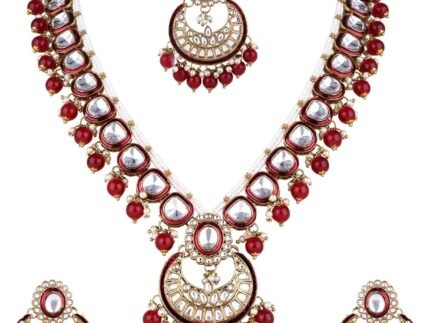 I Jewels Gold Plated Indian Wedding Bollywood Kundan Pearl Long Necklace Jewellery Set With Earrings & Maang Tikka For Women