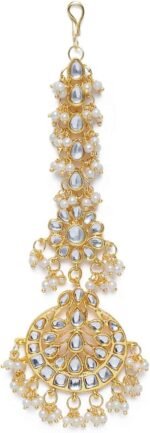 I Jewels Gold Plated Indian Wedding Bollywood Pearls Kundan Studded Maang Tikka for Women (T2872)