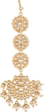I Jewels Gold Plated Matte Finish Indian Wedding Bollywood Pearls Kundan Studded Maang Tikka for Women (T2911)