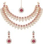 I Jewels Gold Plated Stylish Design Crystal Diamond Necklace With Earrings & Maang Tikka Jewellery Set for Women