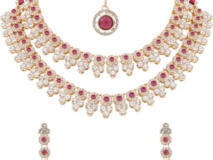 I Jewels Gold Plated Stylish Design Crystal Diamond Necklace With Earrings & Maang Tikka Jewellery Set for Women