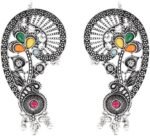 I Jewels Silver Plated Handcrafted Oxidised Multicolor Floral Ear Cuff with Beaded Detailing for Women (E3397OX)