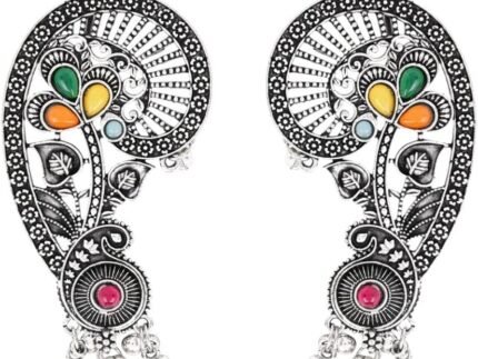 I Jewels Silver Plated Handcrafted Oxidised Multicolor Floral Ear Cuff with Beaded Detailing for Women (E3397OX)