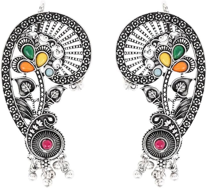 I Jewels Silver Plated Handcrafted Oxidised Multicolor Floral Ear Cuff with Beaded Detailing for Women (E3397OX) I Jewels Silver Plated Handcrafted Oxidised Multicolor Floral Ear Cuff with Beaded Detailing for Women (E3397OX)